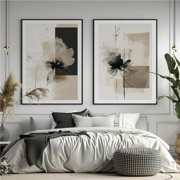 Modern abstract floral wall art neutral beige black canvas prints set of 2 decor - Picture 5 of 8